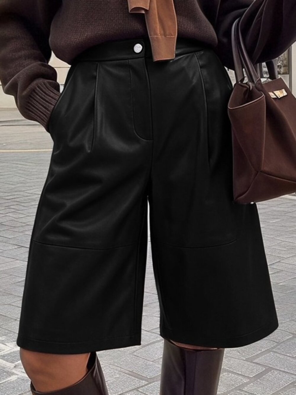 Black Preppy Women's Loose Wide Leg Bermuda Shorts